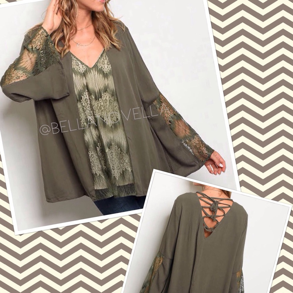 🔴 Sydney Olive Lace Up Bell Sleeve Lace Top